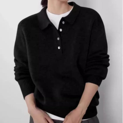 Elegant POLO semi-open neck 100%wool knitted sweater women loose