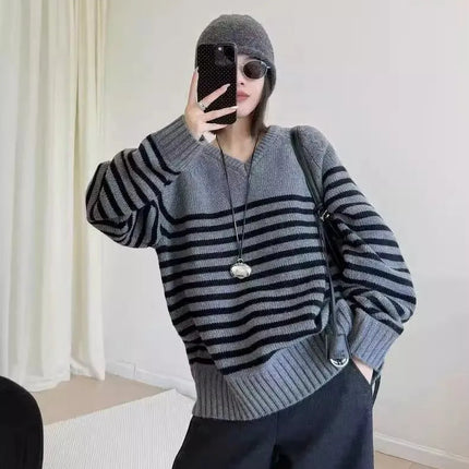 High-end V-neck striped 100% wool knitted sweater loose pullover