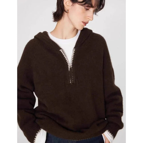 High-end half-zipper hooded 100% cashmere knitted sweater women loose