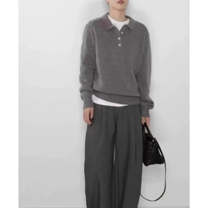 Elegant POLO semi-open neck 100%wool knitted sweater women loose