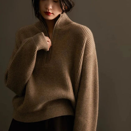 100% pure cashmere sweater women's half zip stand collar thick loose