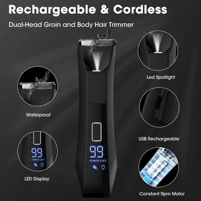 Body & Groin Hair Trimmer for Men Waterproof Dual-Head Ceramic Blade