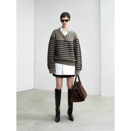 High-end V-neck striped 100% wool knitted sweater loose pullover