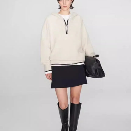 High-end half-zipper hooded 100% cashmere knitted sweater women loose