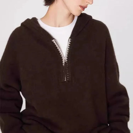 High-end half-zipper hooded 100% cashmere knitted sweater women loose