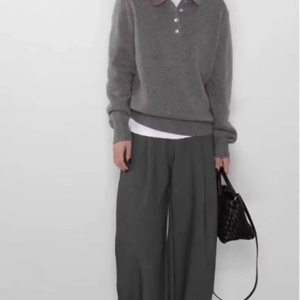 Elegant POLO semi-open neck 100%wool knitted sweater women loose