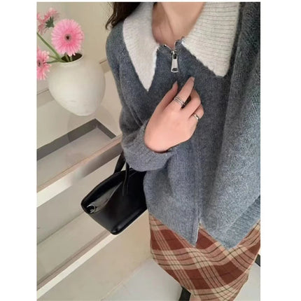 Color-blocked lapel 100% cashmere cardigan women's knitted sweater