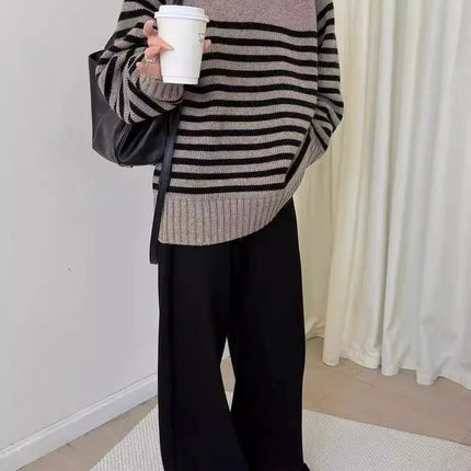 High-end V-neck striped 100% wool knitted sweater loose pullover