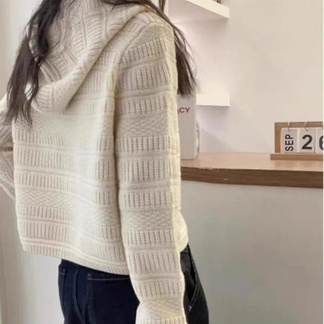 Autumn and Winter Thickened 100% Pure Wool Women's Hooded Knit