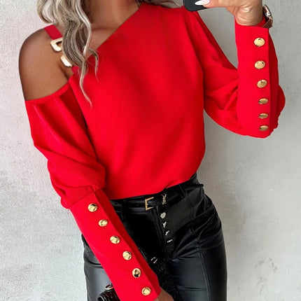Fashion Lantern Sleeve Button Splicing Shirt Women Elegant Office