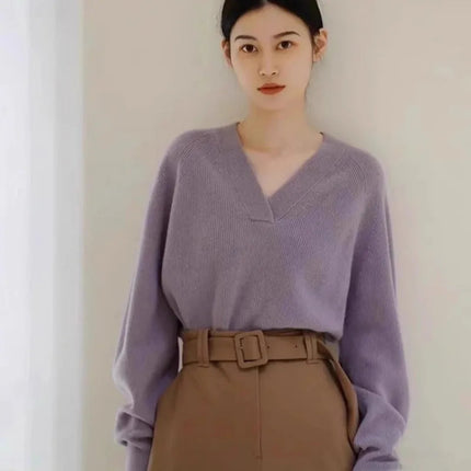 V-neck pure cashmere sweater women autumn and winter loose and