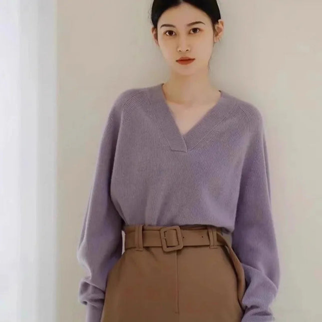 V-neck pure cashmere sweater women autumn and winter loose and