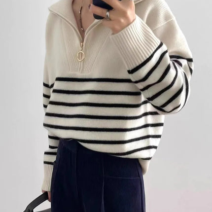 Autumn/Winter new classic striped zipper turtleneck + lapel 100%