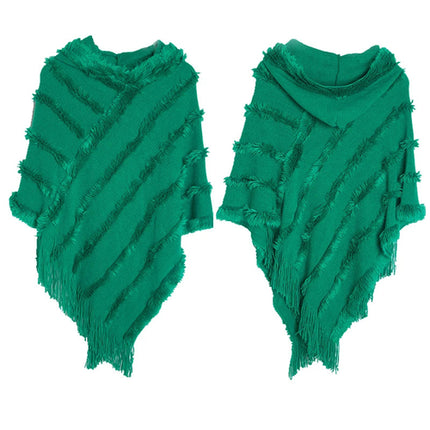 Women Winter Knit Hooded Poncho Cape Lady Spring Fringed Shawl Wrap