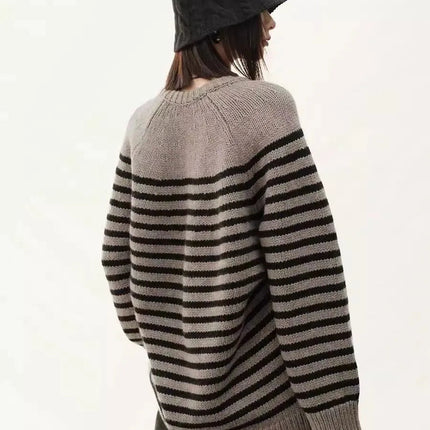 High-end V-neck striped 100% wool knitted sweater loose pullover