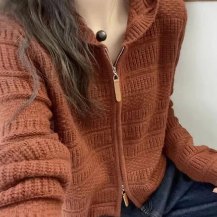 Autumn and Winter Thickened 100% Pure Wool Women's Hooded Knit