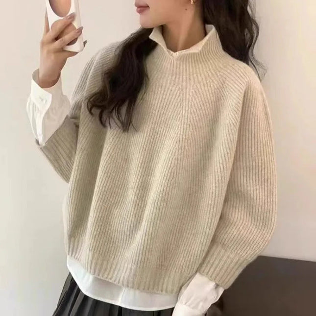 Half-open high-neck three-quarter sleeve cashmere sweater women loose