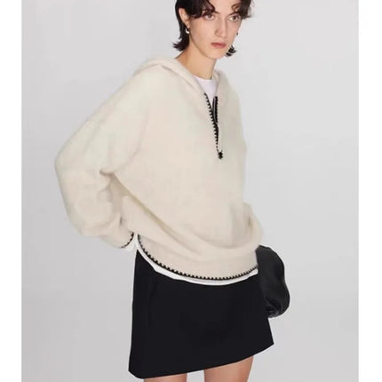 High-end half-zipper hooded 100% cashmere knitted sweater women loose