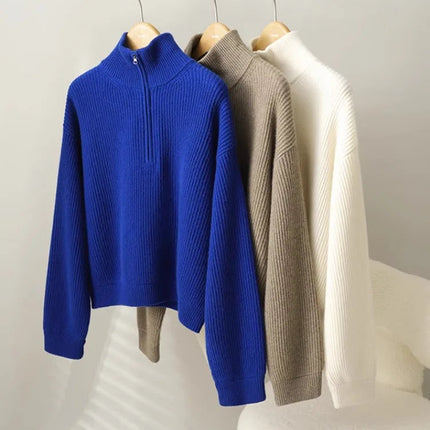 100% pure cashmere sweater women's half zip stand collar thick loose