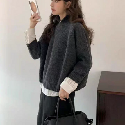 Half-open high-neck three-quarter sleeve cashmere sweater women loose