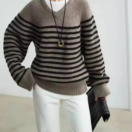 High-end V-neck striped 100% wool knitted sweater loose pullover
