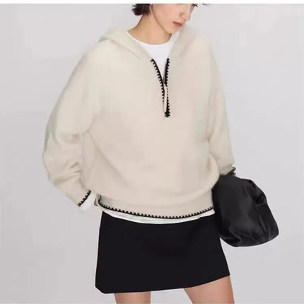 High-end half-zipper hooded 100% cashmere knitted sweater women loose