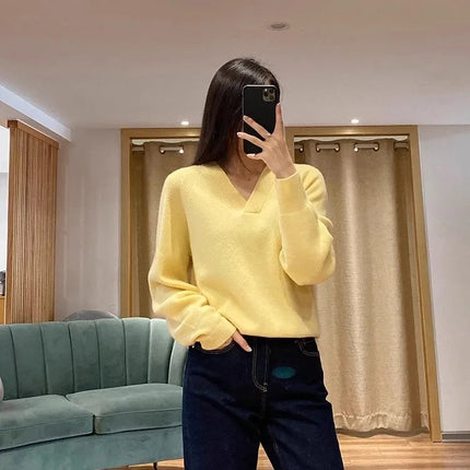 V-neck pure cashmere sweater women autumn and winter loose and