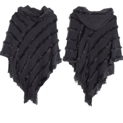 Women Winter Knit Hooded Poncho Cape Lady Spring Fringed Shawl Wrap