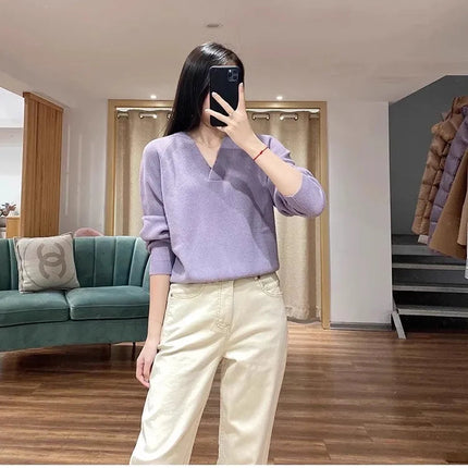 V-neck pure cashmere sweater women autumn and winter loose and