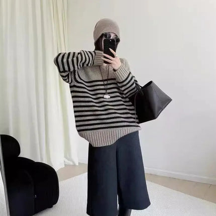High-end V-neck striped 100% wool knitted sweater loose pullover