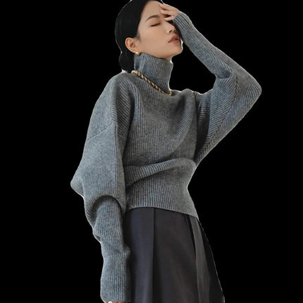 French retro high-neck pullover pure wool sweater women's short