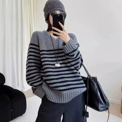 High-end V-neck striped 100% wool knitted sweater loose pullover