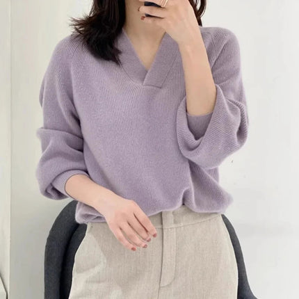V-neck pure cashmere sweater women autumn and winter loose and