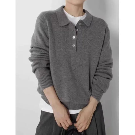 Elegant POLO semi-open neck 100%wool knitted sweater women loose