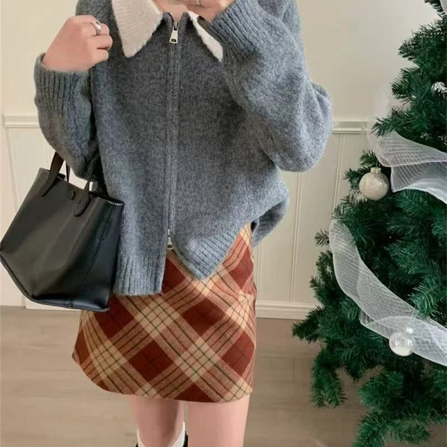 Color-blocked lapel 100% cashmere cardigan women's knitted sweater