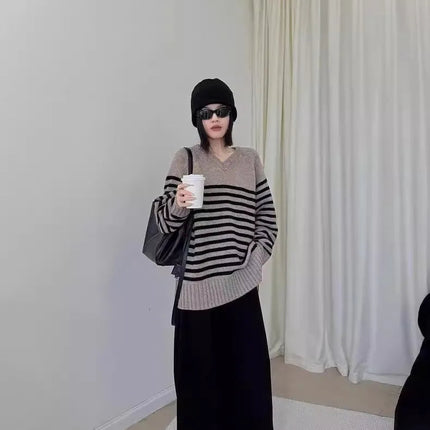 High-end V-neck striped 100% wool knitted sweater loose pullover