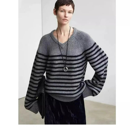 High-end V-neck striped 100% wool knitted sweater loose pullover