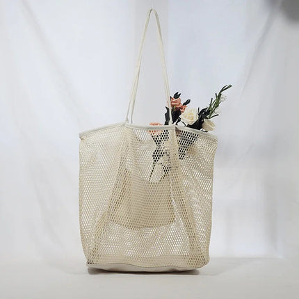Spring Summer Solid Color Hollow Mesh Tote Bag Large Capacity Travel