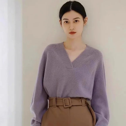 V-neck pure cashmere sweater women autumn and winter loose and
