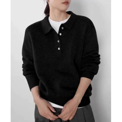 Elegant POLO semi-open neck 100%wool knitted sweater women loose