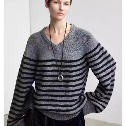 High-end V-neck striped 100% wool knitted sweater loose pullover