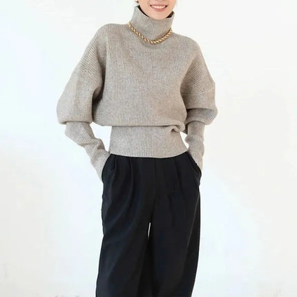 French retro high-neck pullover pure wool sweater women's short