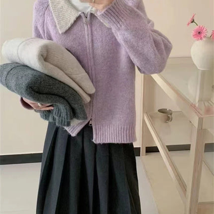 Color-blocked lapel 100% cashmere cardigan women's knitted sweater