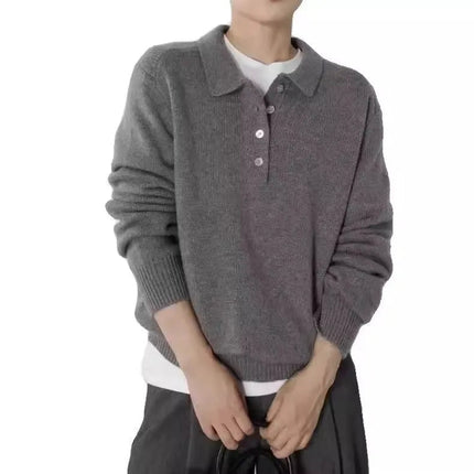 Elegant POLO semi-open neck 100%wool knitted sweater women loose