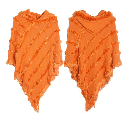Women Winter Knit Hooded Poncho Cape Lady Spring Fringed Shawl Wrap