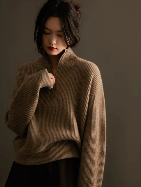 100% pure cashmere sweater women's half zip stand collar thick loose