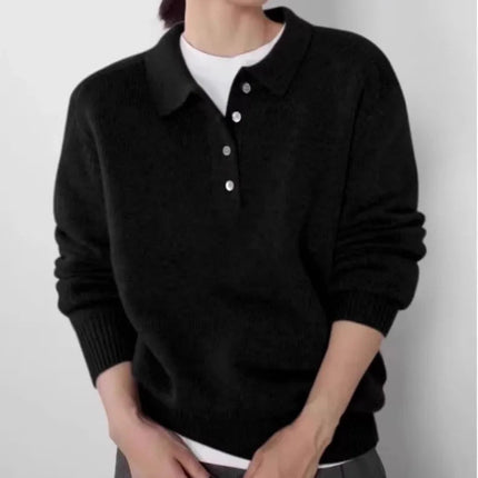 Elegant POLO semi-open neck 100%wool knitted sweater women loose