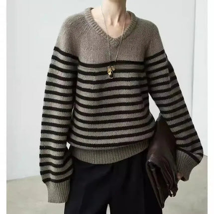High-end V-neck striped 100% wool knitted sweater loose pullover