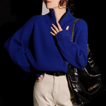 100% pure cashmere sweater women's half zip stand collar thick loose