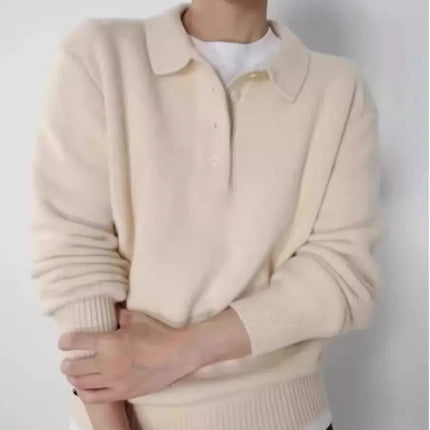 Elegant POLO semi-open neck 100%wool knitted sweater women loose